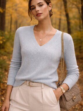 Banana Republic 100% Cashmere Sweater Light Blue V-Neck Size L (Fits M)